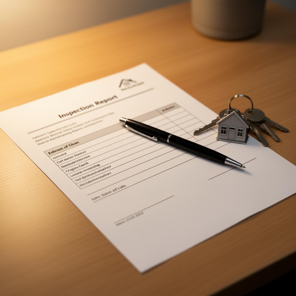 Pest inspection report on a desk with house keys